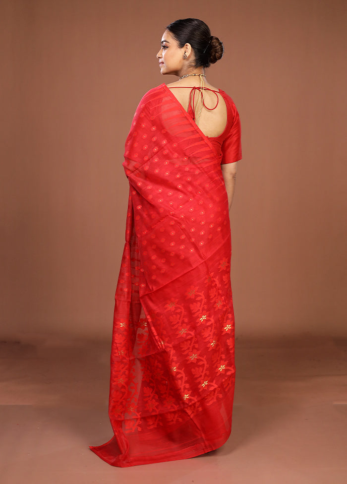 Red Jamdani Cotton Saree Without Blouse Piece