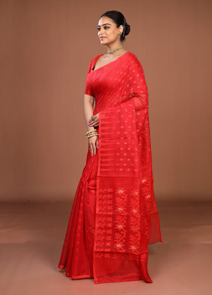 Red Jamdani Cotton Saree Without Blouse Piece