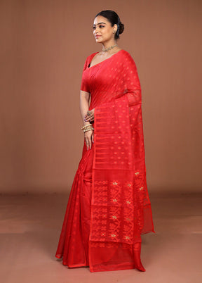 Red Jamdani Cotton Saree Without Blouse Piece