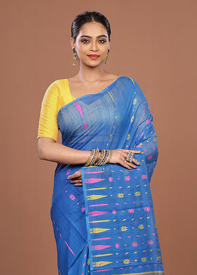 Blue Jamdani Cotton Saree Without Blouse Piece