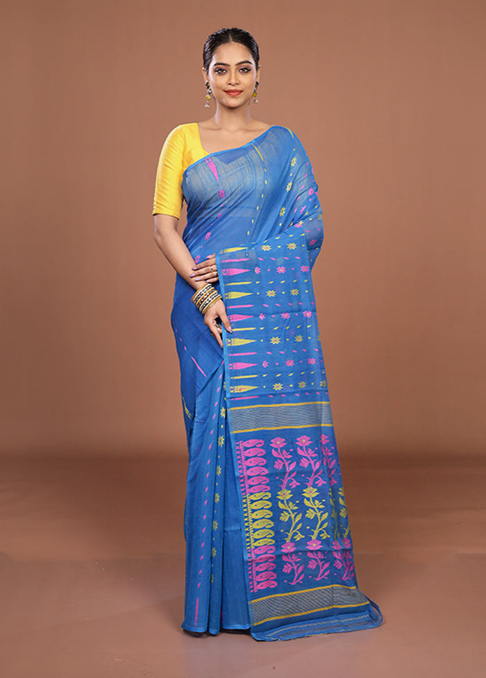 Blue Jamdani Cotton Saree Without Blouse Piece