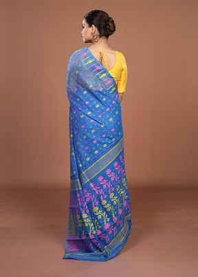 Blue Jamdani Cotton Saree Without Blouse Piece