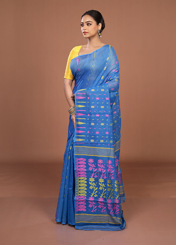 Blue Jamdani Cotton Saree Without Blouse Piece