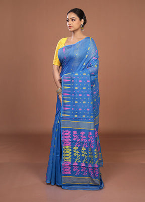 Blue Jamdani Cotton Saree Without Blouse Piece