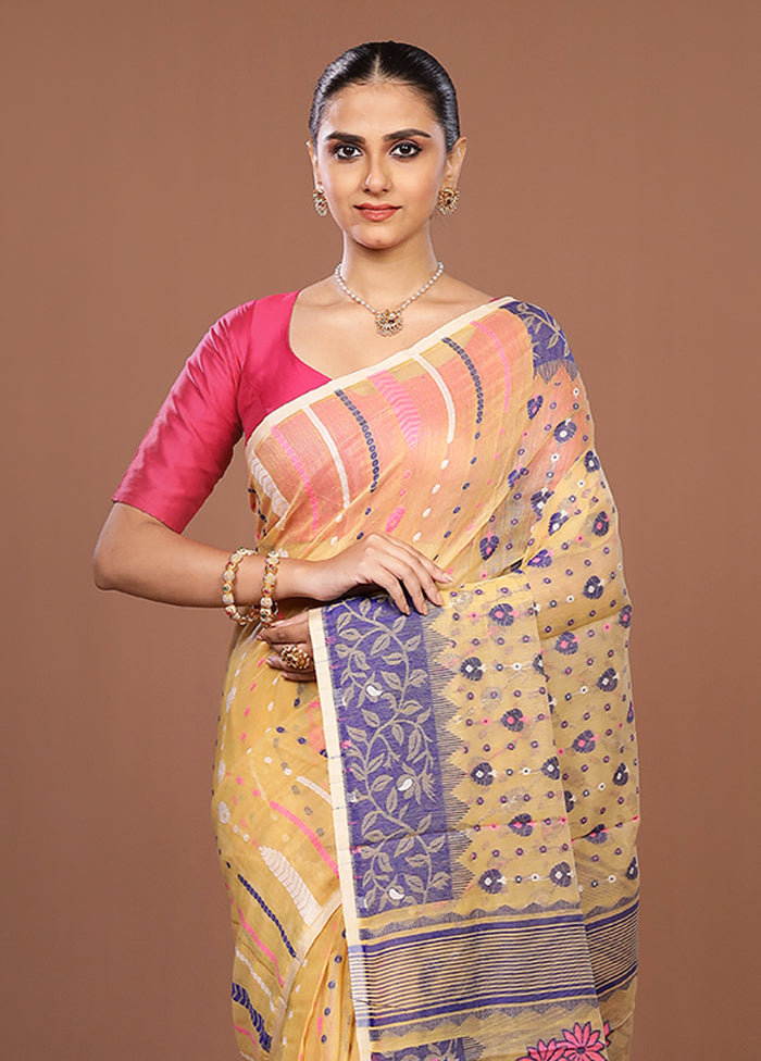 Cream Jamdani Cotton Saree Without Blouse Piece