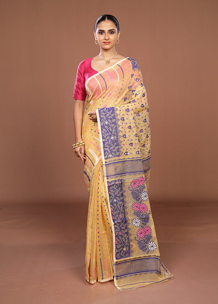 Cream Jamdani Cotton Saree Without Blouse Piece