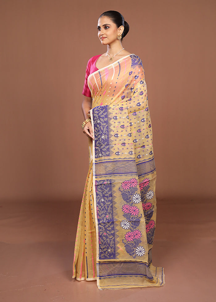Cream Jamdani Cotton Saree Without Blouse Piece