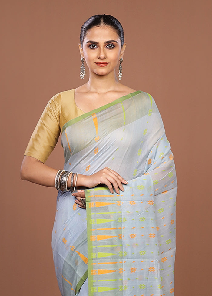 Blue Jamdani Cotton Saree Without Blouse Piece