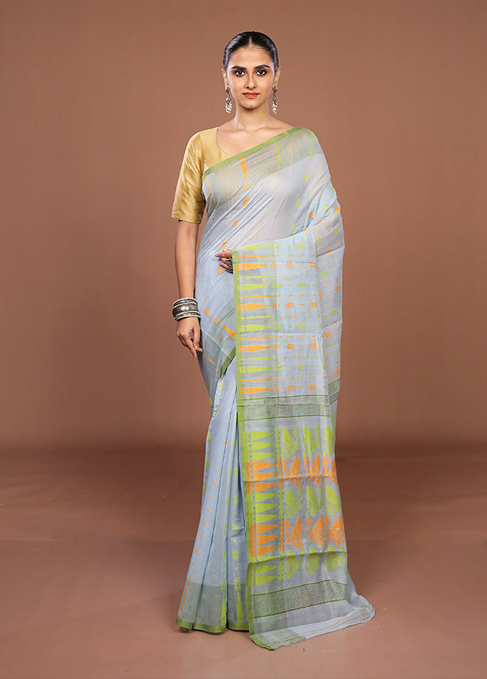 Blue Jamdani Cotton Saree Without Blouse Piece