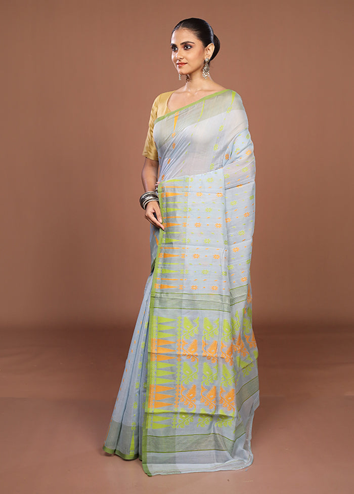 Blue Jamdani Cotton Saree Without Blouse Piece