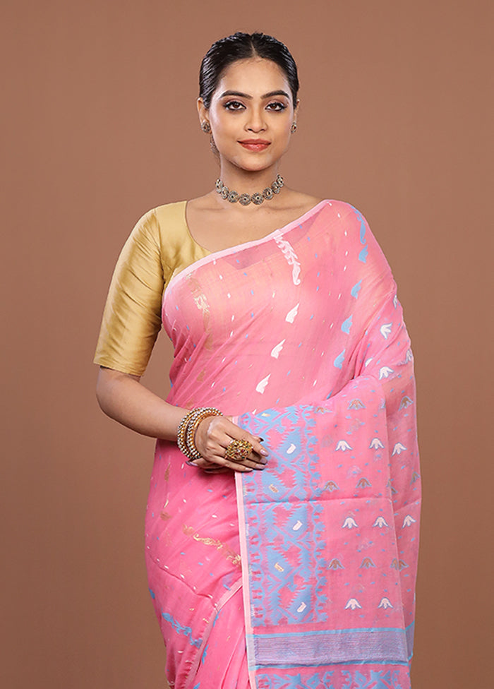 Pink Jamdani Cotton Saree Without Blouse Piece