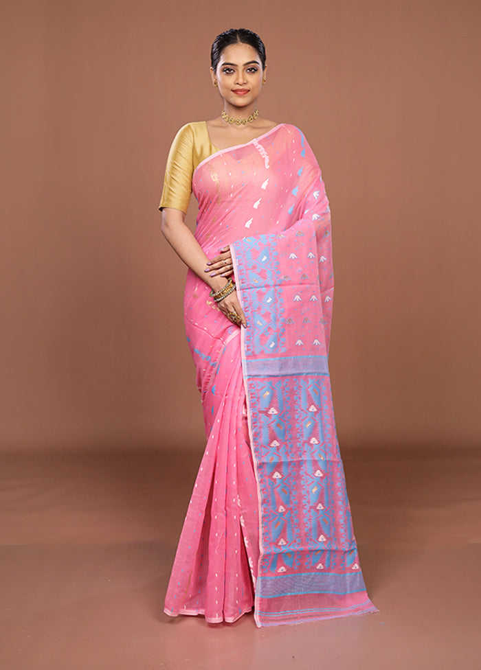 Pink Jamdani Cotton Saree Without Blouse Piece