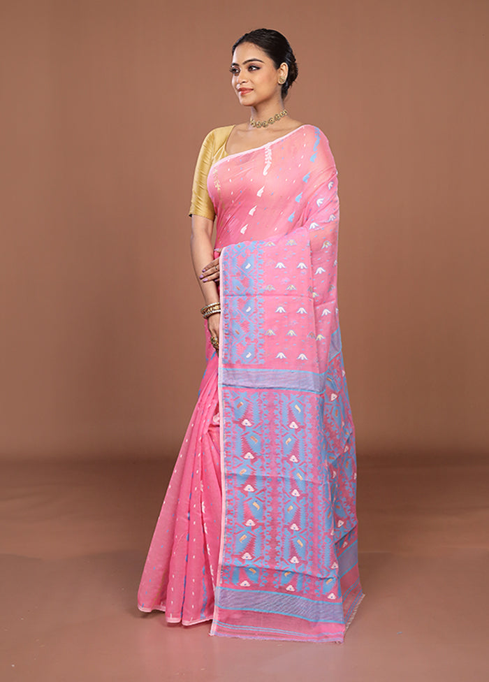 Pink Jamdani Cotton Saree Without Blouse Piece