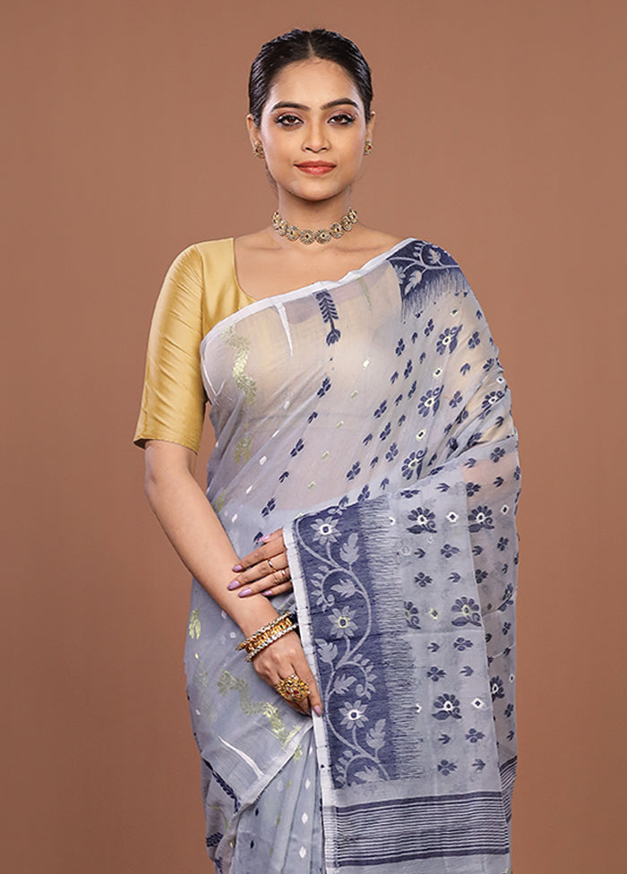 Grey Jamdani Cotton Saree Without Blouse Piece