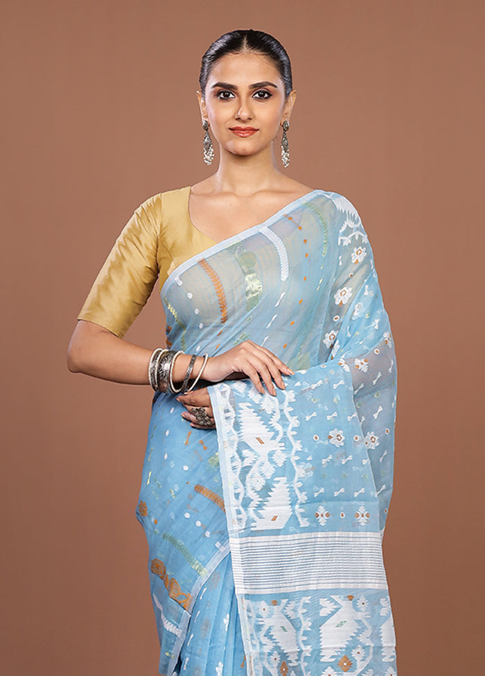 Blue Jamdani Cotton Saree Without Blouse Piece