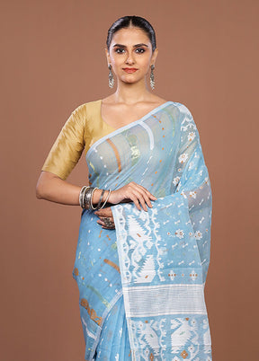 Blue Jamdani Cotton Saree Without Blouse Piece