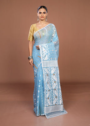Blue Jamdani Cotton Saree Without Blouse Piece