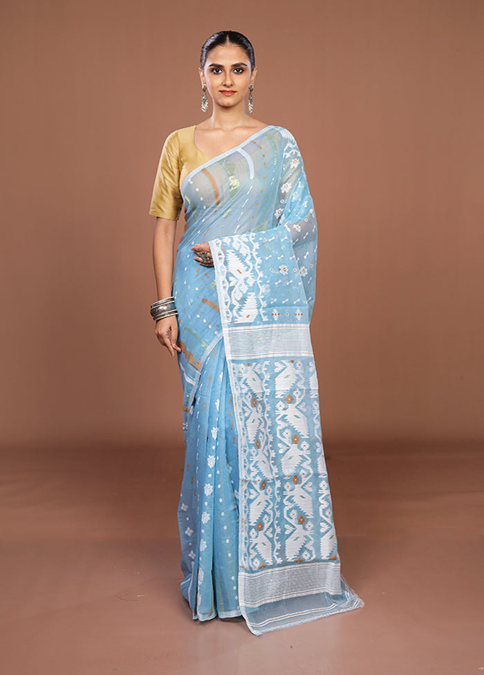Blue Jamdani Cotton Saree Without Blouse Piece