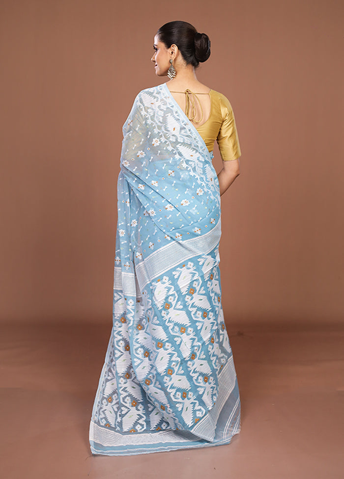 Blue Jamdani Cotton Saree Without Blouse Piece