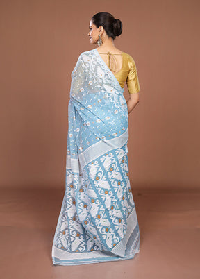 Blue Jamdani Cotton Saree Without Blouse Piece