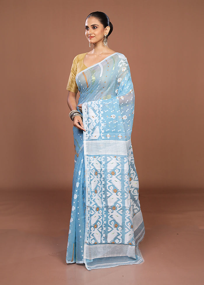 Blue Jamdani Cotton Saree Without Blouse Piece