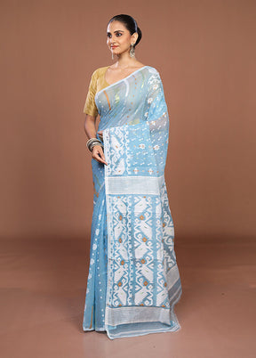 Blue Jamdani Cotton Saree Without Blouse Piece