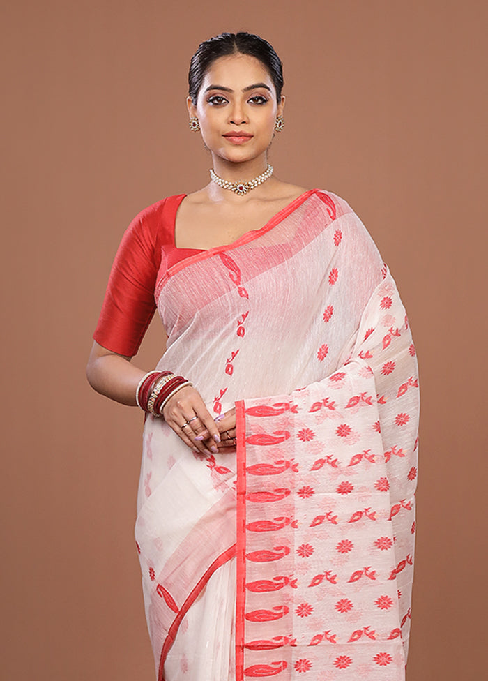 Red Jamdani Cotton Saree Without Blouse Piece