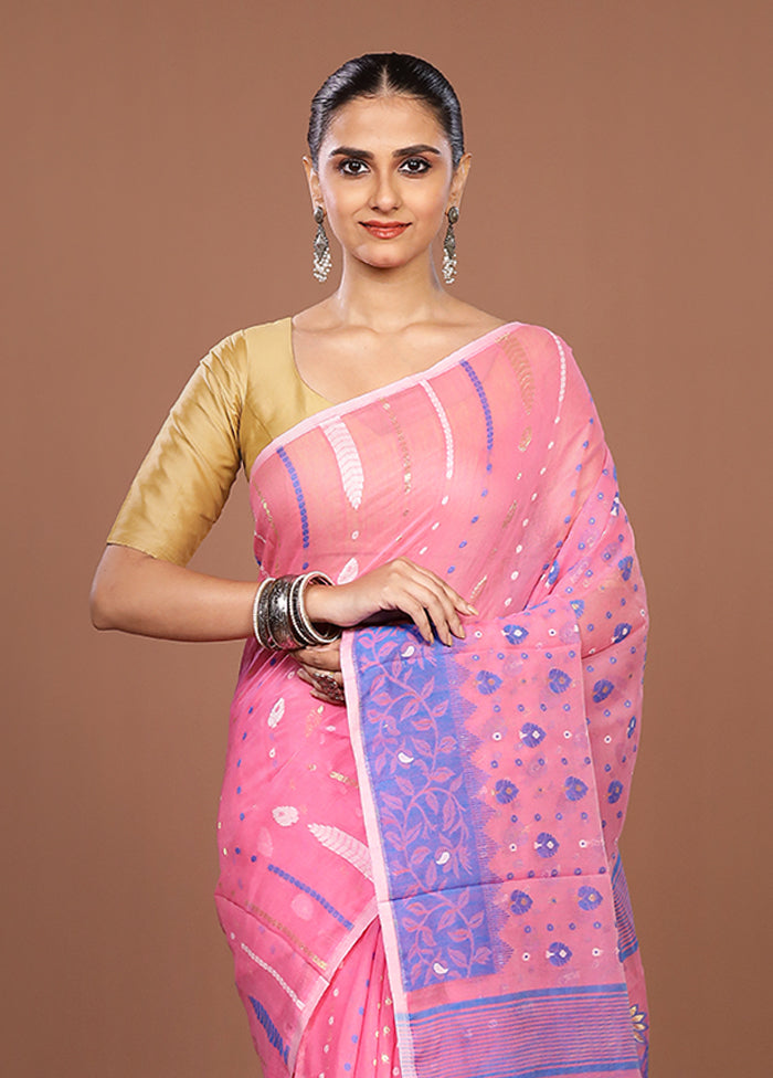 Pink Jamdani Cotton Saree Without Blouse Piece