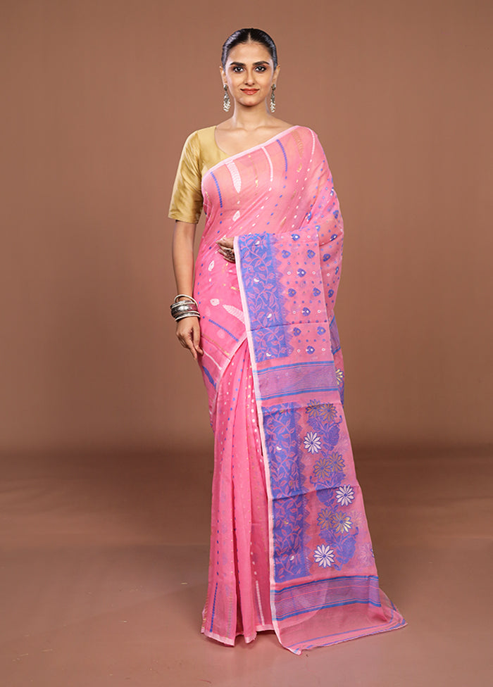 Pink Jamdani Cotton Saree Without Blouse Piece