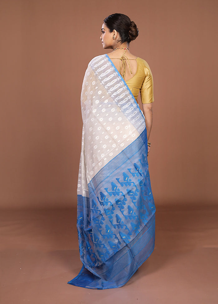 Blue Jamdani Cotton Saree Without Blouse Piece