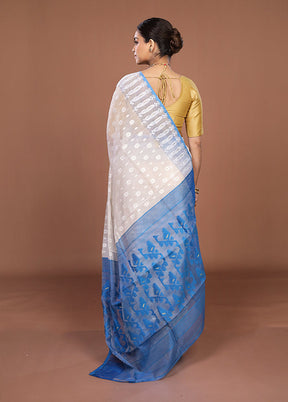 Blue Jamdani Cotton Saree Without Blouse Piece