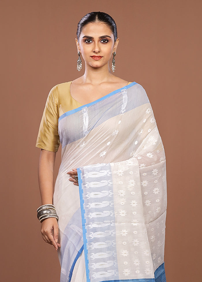 Blue Jamdani Cotton Saree Without Blouse Piece