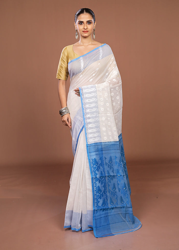 Blue Jamdani Cotton Saree Without Blouse Piece