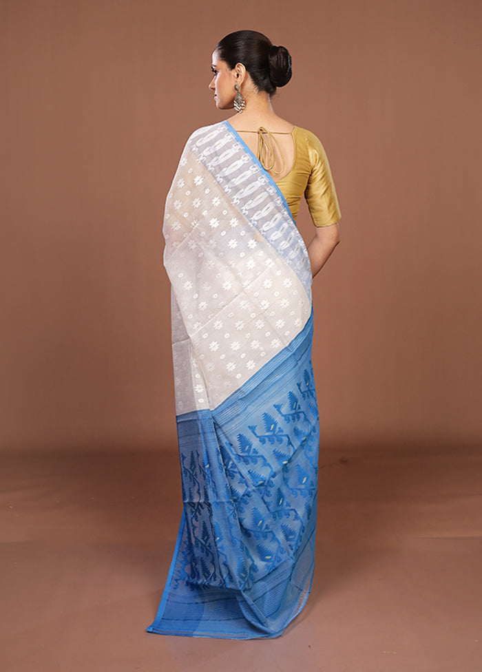 Blue Jamdani Cotton Saree Without Blouse Piece