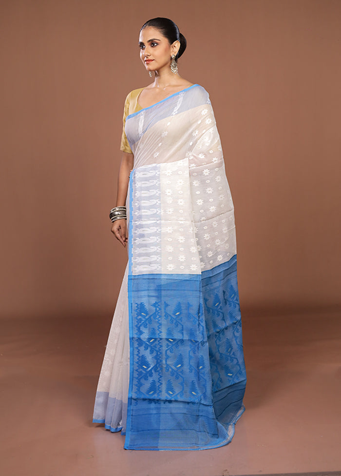 Blue Jamdani Cotton Saree Without Blouse Piece