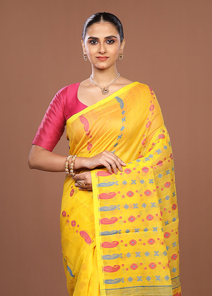 Yellow Jamdani Cotton Saree Without Blouse Piece