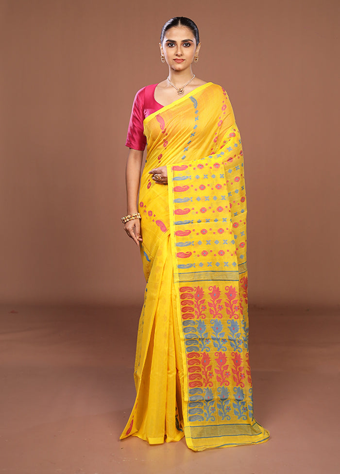 Yellow Jamdani Cotton Saree Without Blouse Piece