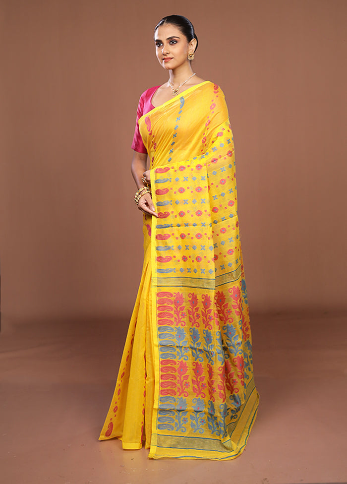 Yellow Jamdani Cotton Saree Without Blouse Piece