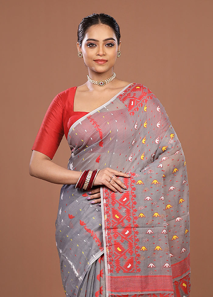 Grey Jamdani Cotton Saree Without Blouse Piece