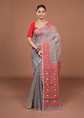 Grey Jamdani Cotton Saree Without Blouse Piece