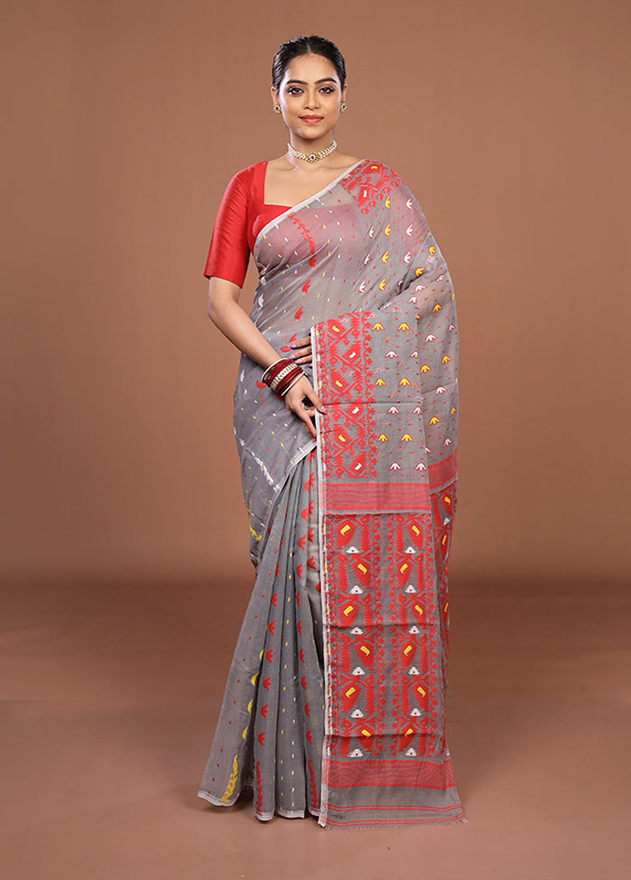 Grey Jamdani Cotton Saree Without Blouse Piece