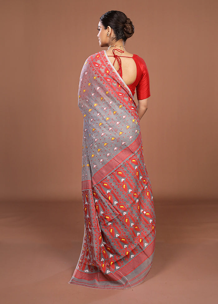 Grey Jamdani Cotton Saree Without Blouse Piece