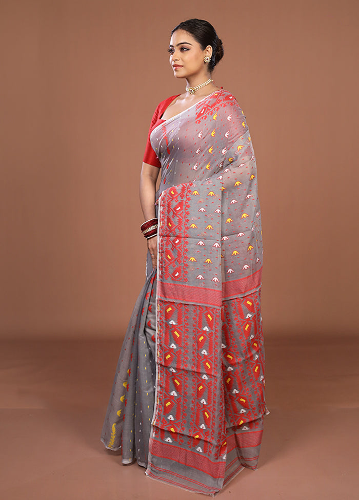 Grey Jamdani Cotton Saree Without Blouse Piece