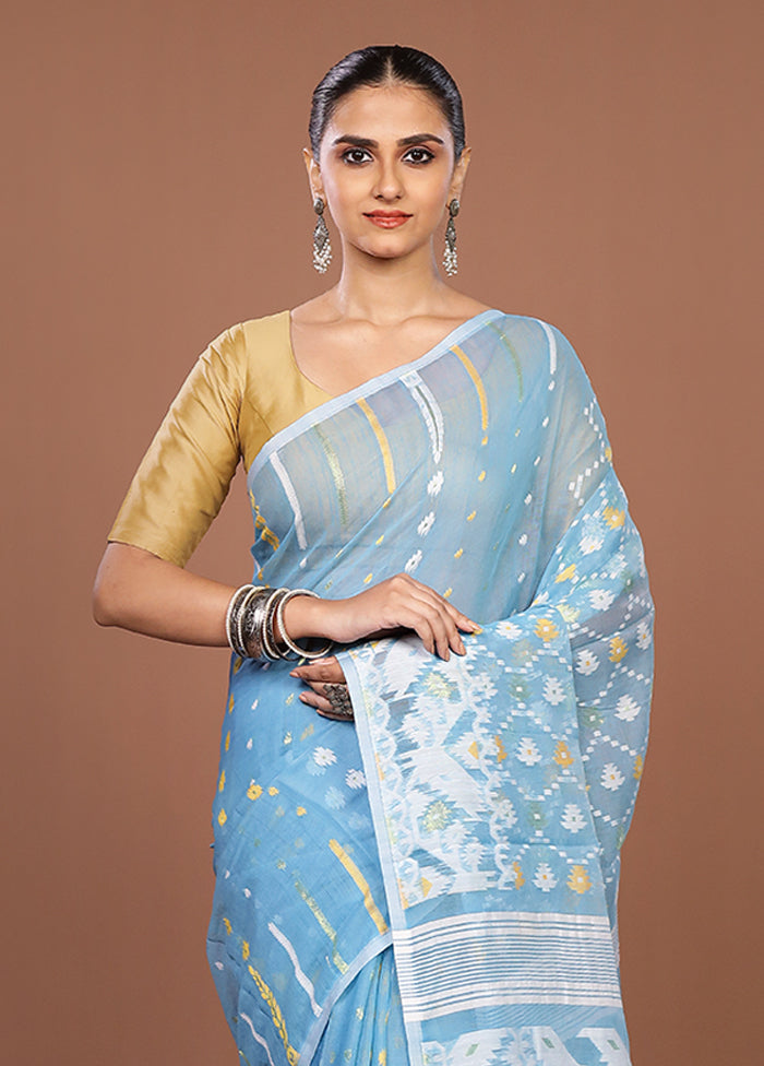 Blue Jamdani Cotton Saree Without Blouse Piece