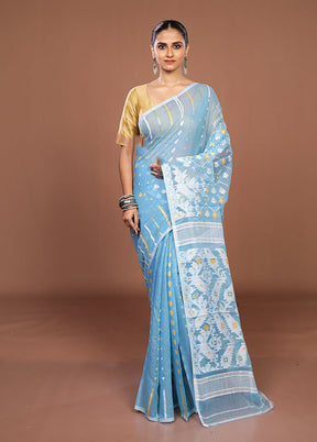 Blue Jamdani Cotton Saree Without Blouse Piece