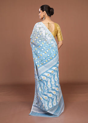 Blue Jamdani Cotton Saree Without Blouse Piece