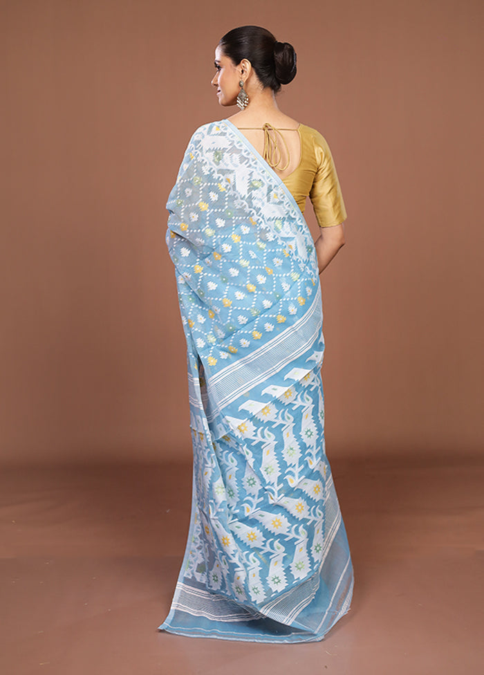Blue Jamdani Cotton Saree Without Blouse Piece