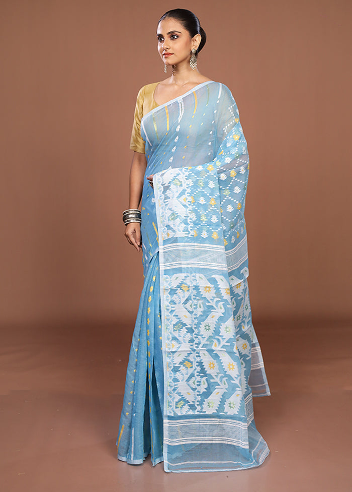 Blue Jamdani Cotton Saree Without Blouse Piece
