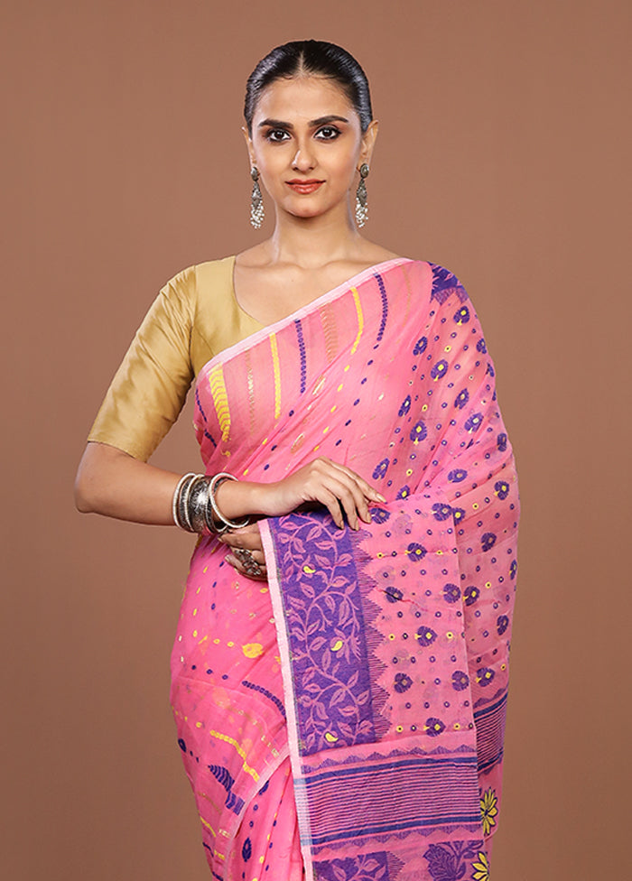 Pink Jamdani Cotton Saree Without Blouse Piece