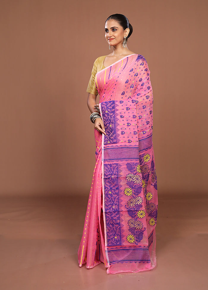 Pink Jamdani Cotton Saree Without Blouse Piece